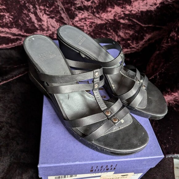 Stuart Weitzman Wedge Heels Black Strappy Silver Accent Slides Comfortable Style - Picture 4 of 16